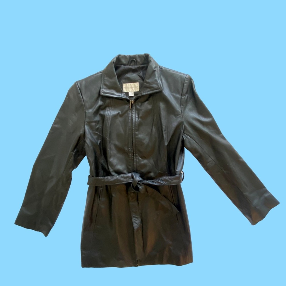 VINTAGE Worthington Genuine Leather Black Belted Full Zip Jacket Y2K Size M